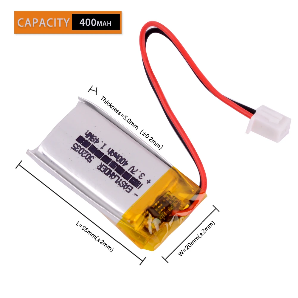 JST 2.54mm 2Pin 502035 3.7V 400mAh Rechargeable Lithium Li-ion Polymer Battery for MP3 Pedometer Bluetooth Headset Radio