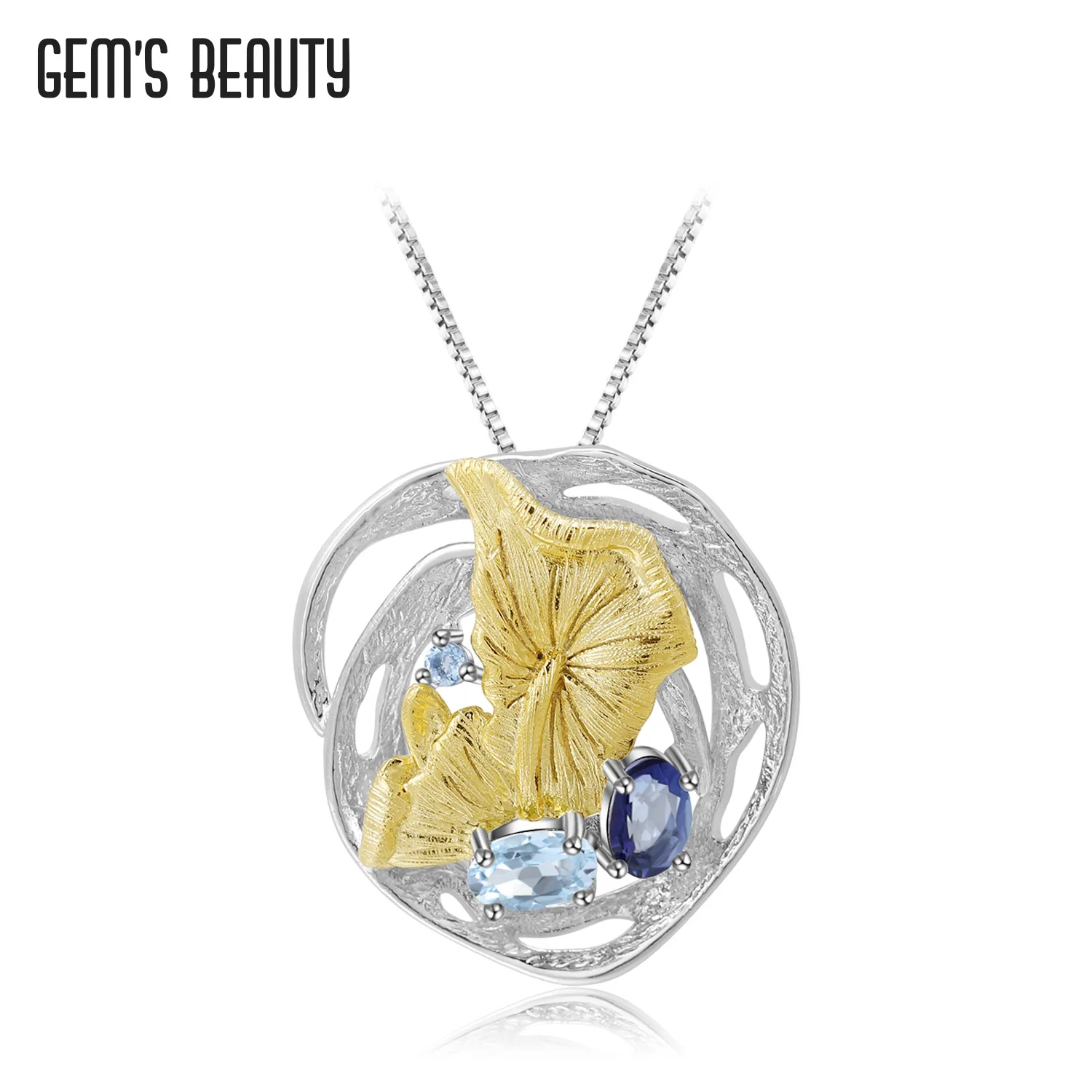 

GEM'S BEAUTY 925 Sterling Silver Lotus Leaf Necklace Natural Blue Topaz Handmade Birthstone Pendant For Women Romantic Gift