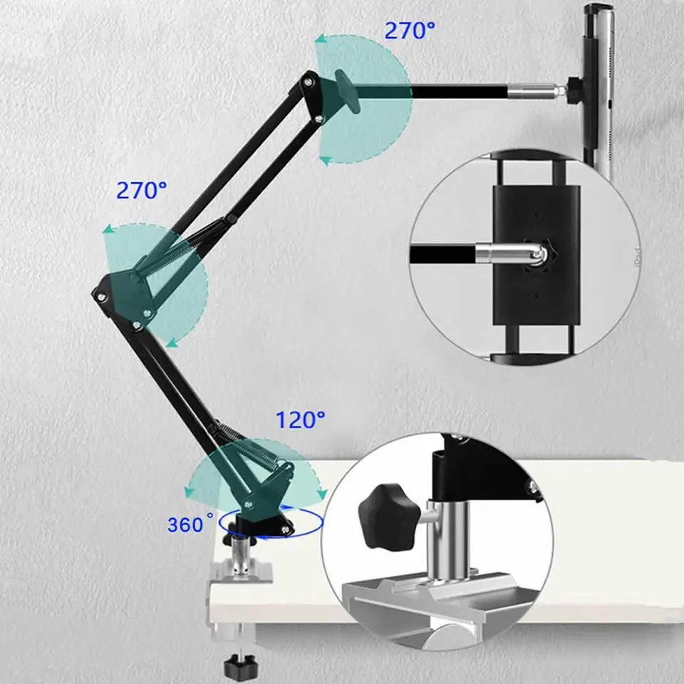 Support de Tablette à Bras Réglable pour Table de Lit, Rotation à 360 °, Téléphone Portable, iPhone, iPad Air Mini Pro, 4-13 Pouces