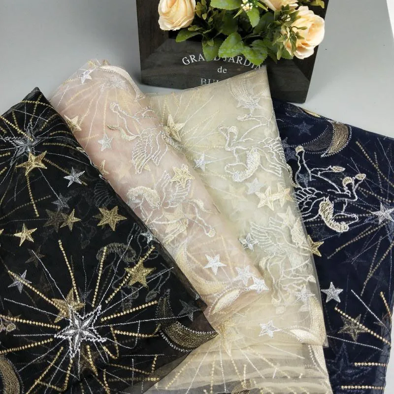 Star Horse Moon With Gold Silver Thread tulle Mesh African French Lace Fabric In Blue/black/white For Bridal Gowns 1yard