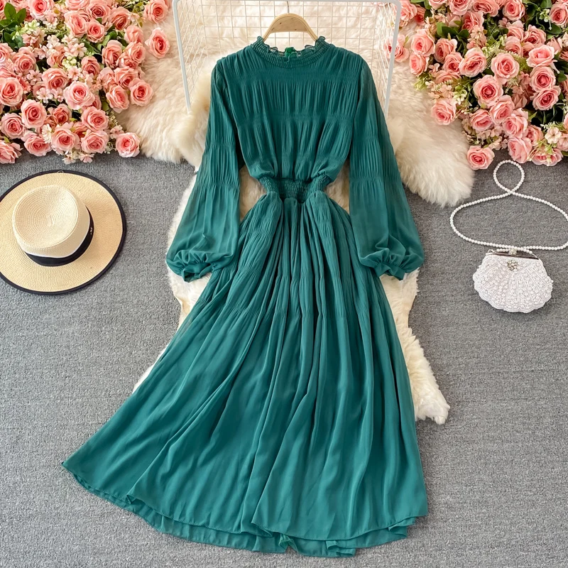 Long Sleeve Party Chiffon Zipper Black Dresses Women Pleated Elegant Maxi Robe Casual Femme Purple Vestidos Edible Tree Fungus