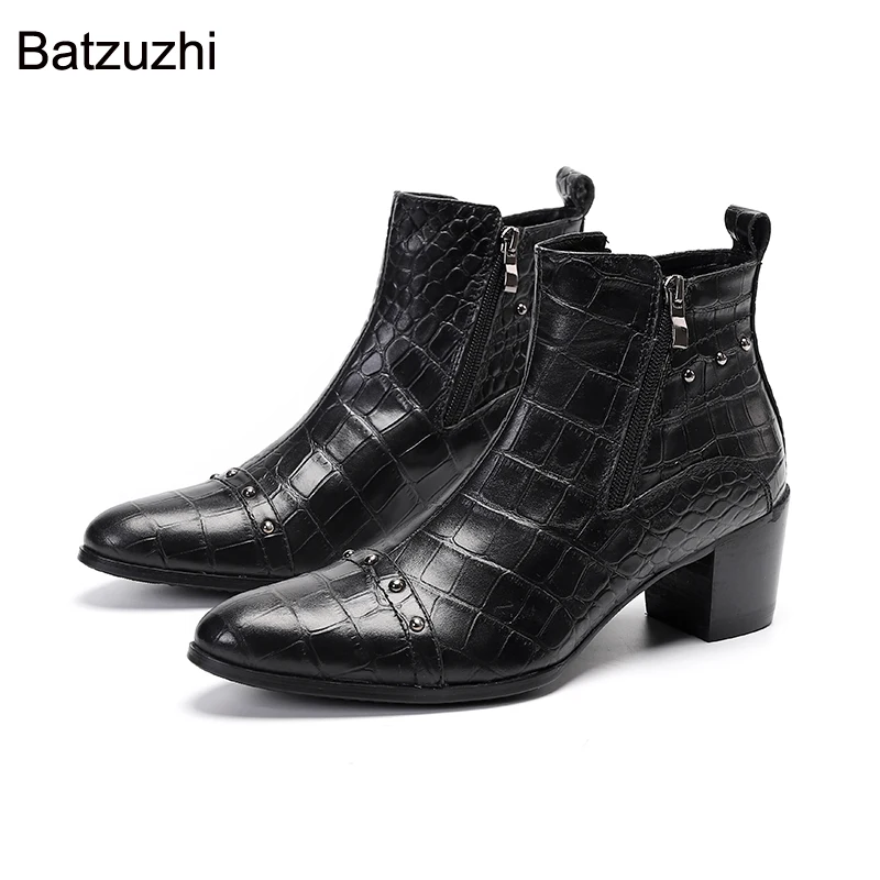 

Batzuzhi 7cm High Heel Boots Men Pointed Toe Genuine Leather Men Boots Ankle Black/Brown Cool Party&Wedding Bota Masculina