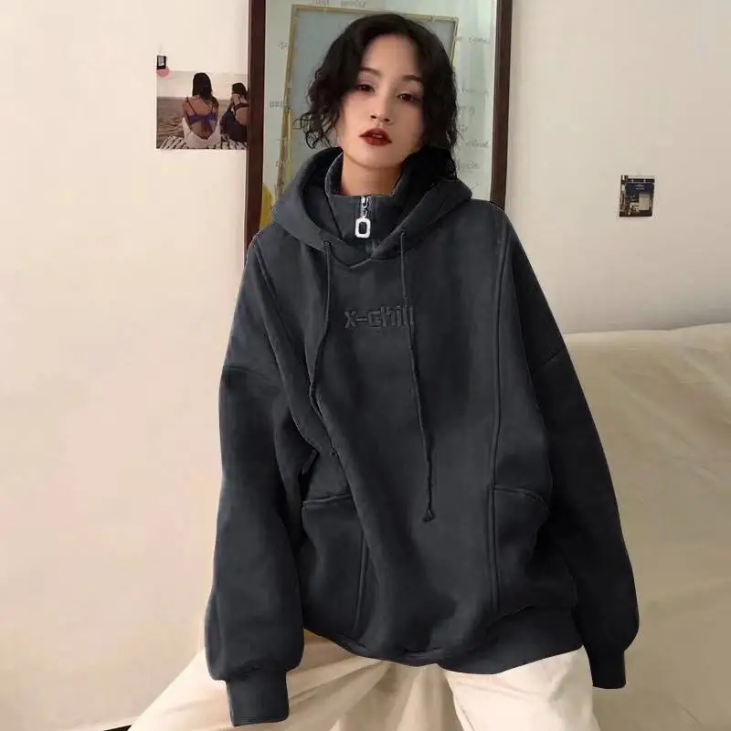 Women with Hat Hoodies Fleece Winter Warm Sweatshirts Hooded Turtleneck Letter Embroidery Korean Style Loose Casual Ulzzang Chic