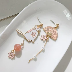 Korean Style Asymmetric Cute Animal Dangle Earrings For Women  Flower Moon Star Kitten Bunny Balloon Earring Party Jewelry Gifts