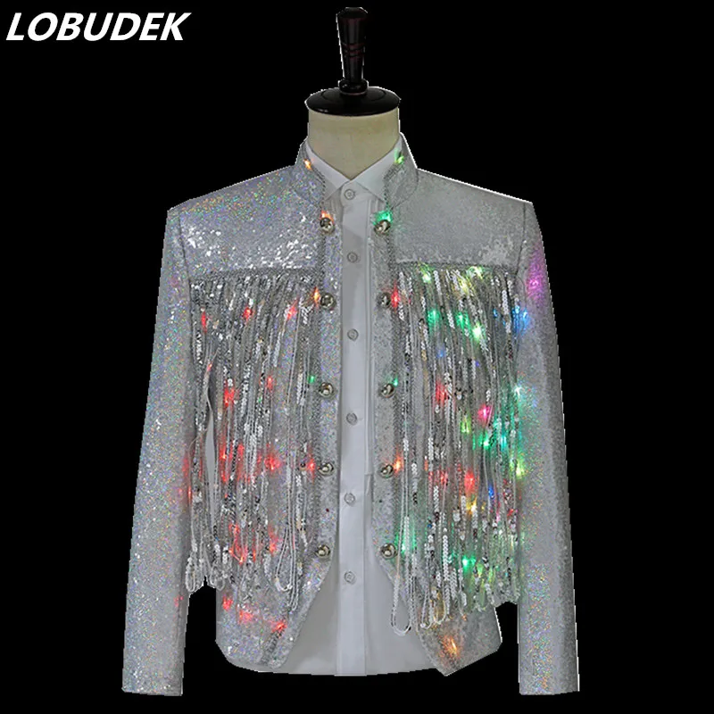 Men's Colorful LED Luminous Jacket Stage Costume Punk Rock Singer Jazz Dancer White Sequin Tassel Slim Coat Performance Jackets