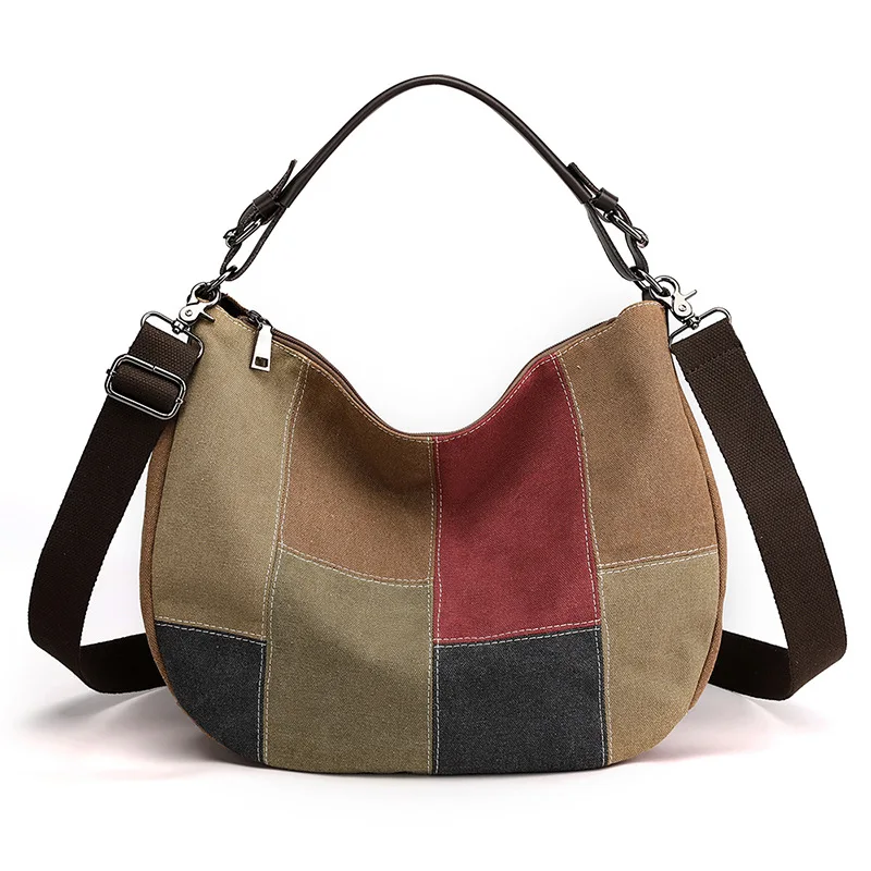 New Canvas Bag Simple Retro Stitching Color Large Bag Fashion Women\'s Bag Korean Handbag Shoulder Bag Fashion Messenger Bag