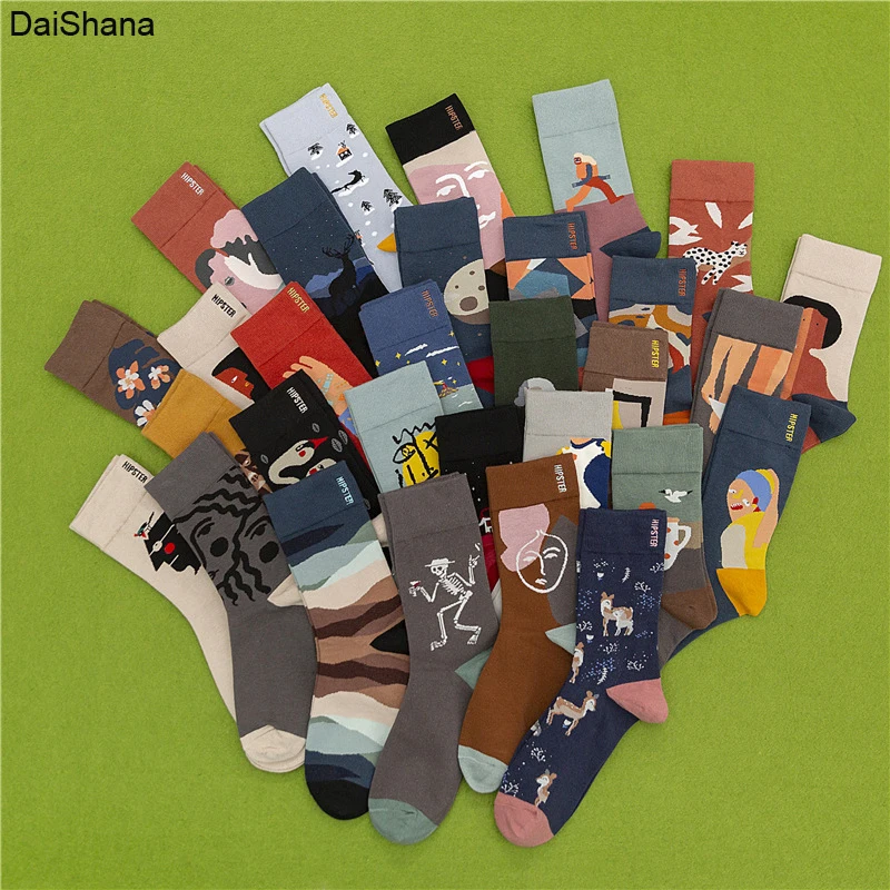 3Pairs Unisex Paar Harajuku Lustige Männer Winter Baumwolle Socken Retro Kunst Revival Blatt Drama Raumschiff Street Fashion Frauen Socken