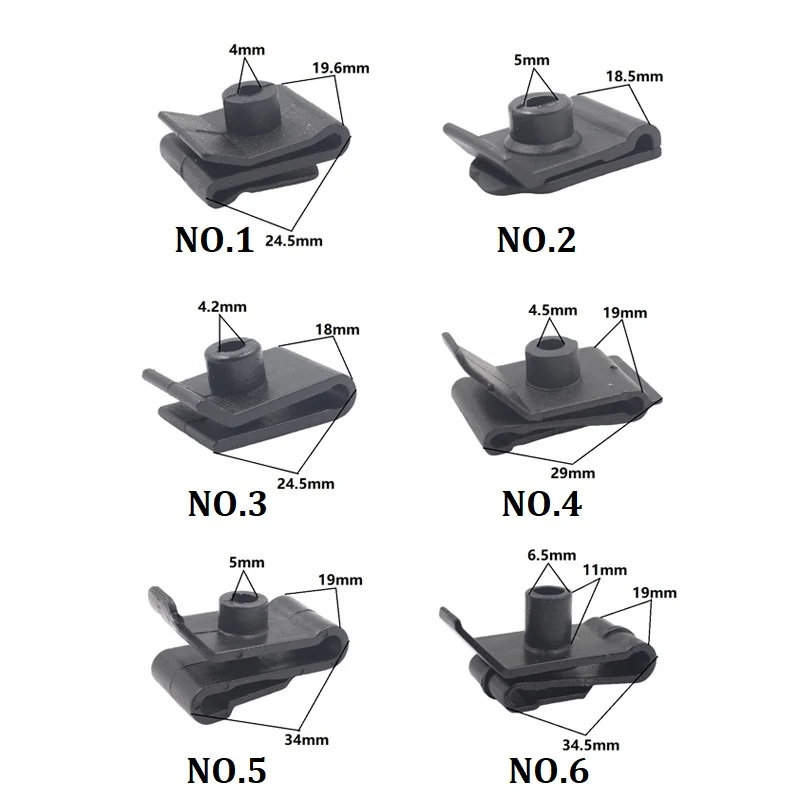 U-Type Rebite Porca Clipes, Fixador para Toyota, Mazda, JAC, Braçadeira Fixa, Plástico, Grommet