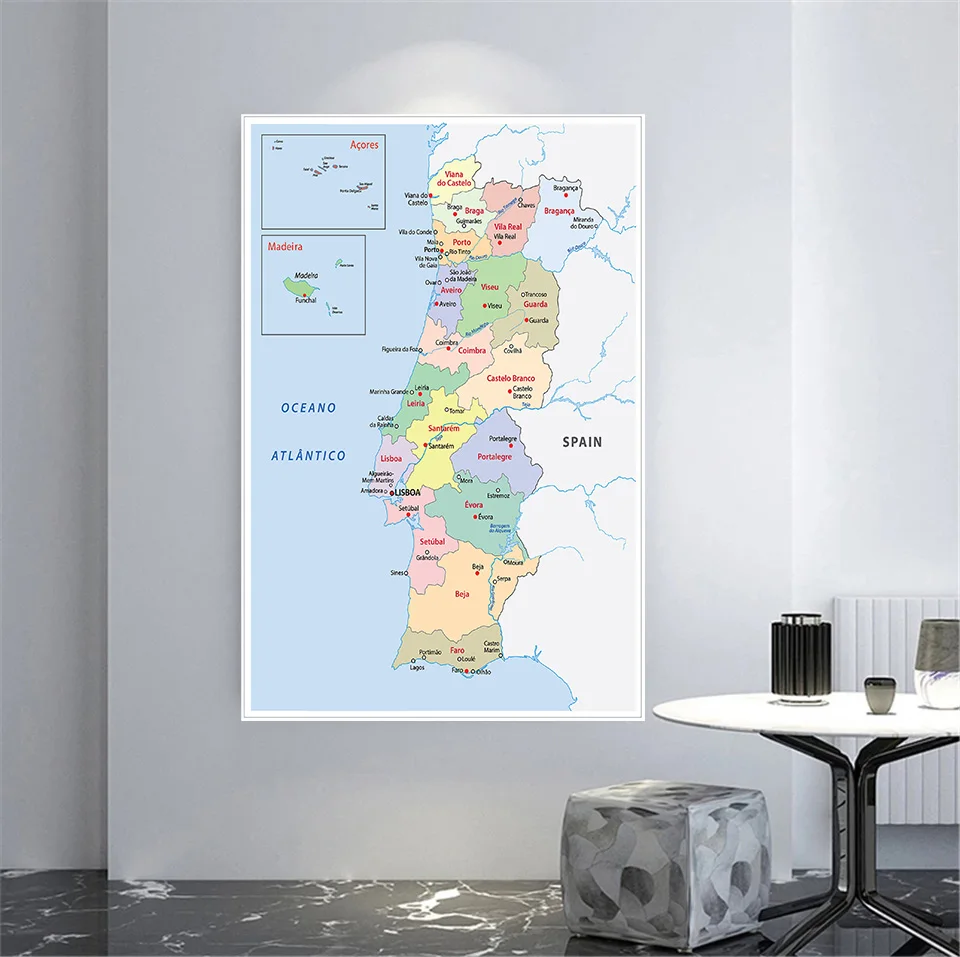 Póster de pared de Portugal para decoración del hogar, lienzo no tejido, suministros escolares, mapa politico portugués, 100x150cm