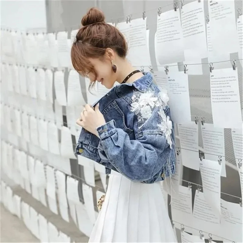 여성용 데님 재킷, 한국 입체 꽃 자수 체인 태슬, 루즈한 박쥐 소매 청바지, 짧은 F 재킷, 봄 가을