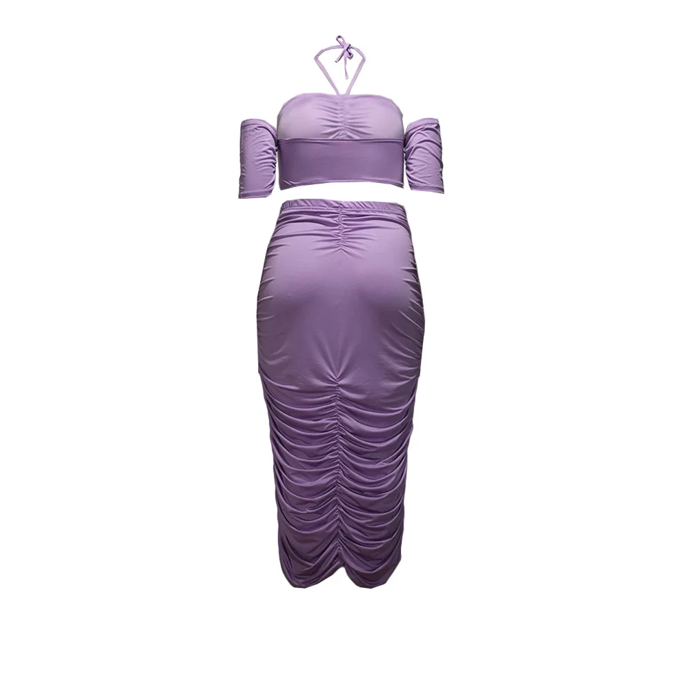 SKMY 2024 New Clothes For Women Fashion Purple Halter Neck Off The Shoulder Crop Top Ruched Midi Skirt Two Piece Sets Outfit