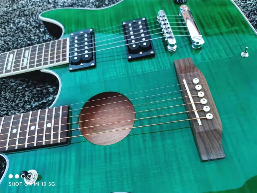 High quality custom double - head electric guitar tiger grain green sound hole free shipping