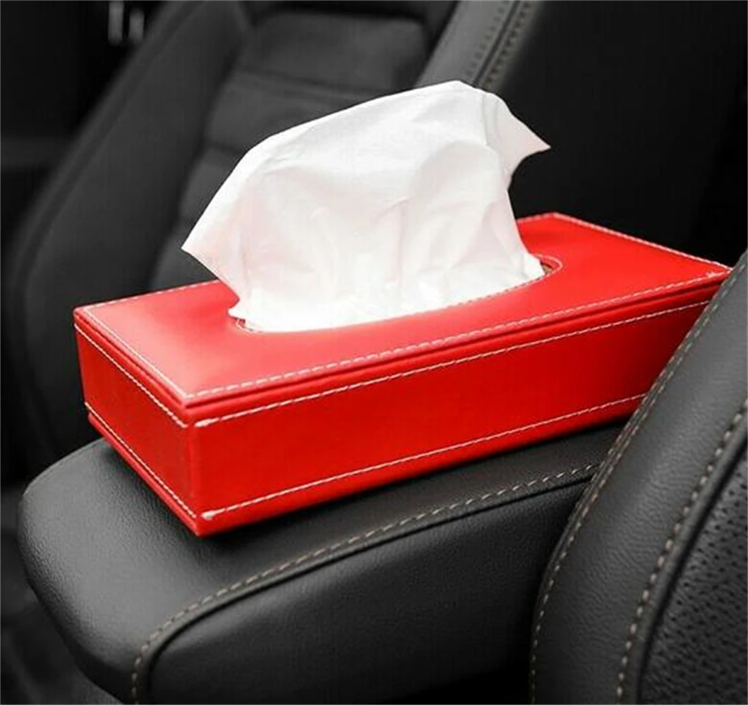 Car Red Lether Armrest Plastic Tissue Box Paper Holder Organizer Home Room Tissue Box