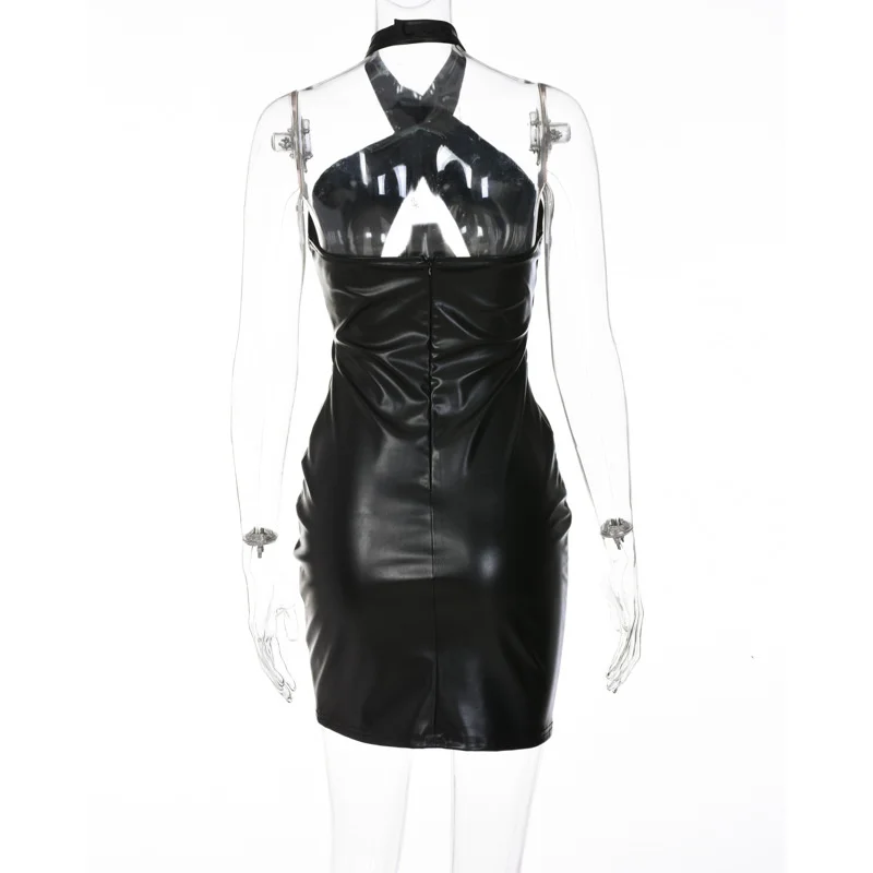 black hair dressing Prada Lace Up Leather Halter Dress