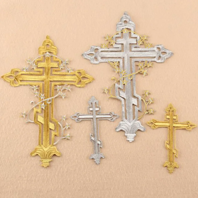 Embroidery Patches Gold Silver Cross Iron On Embroidered Gothic Badges For Bag Jeans Hat T Shirt DIY Appliques Craft Decor