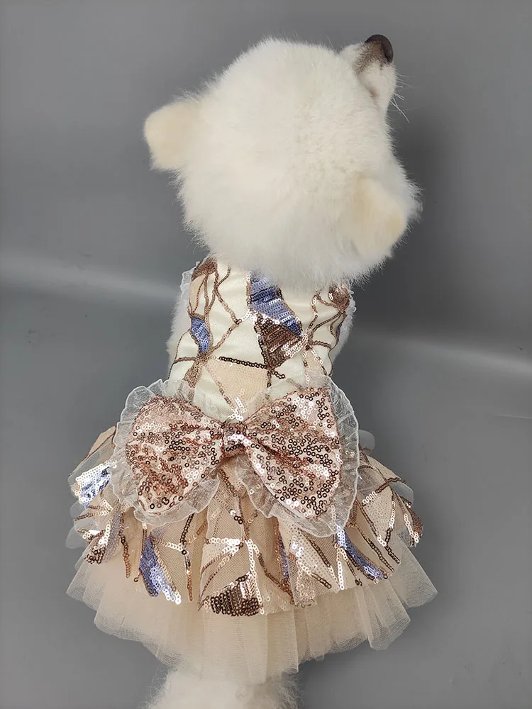 Handmade Fashion Dog Clothes Pet Items Couple Dress & Suit 2 Options Cat Apparel Champagne Sequin Irregular Pattern Costume