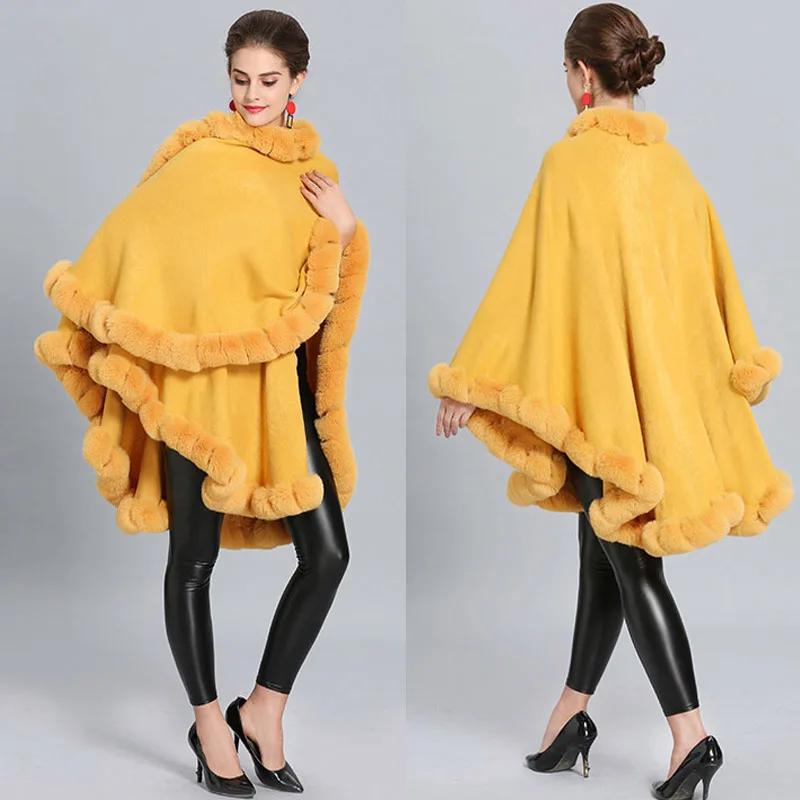 Fashion Handcraft Full Trim Faux Rex Rabbit Fur Cape Coat Loose Knit Cashmere Cloak Shawl Women Fall Winter New Pallium Outwear