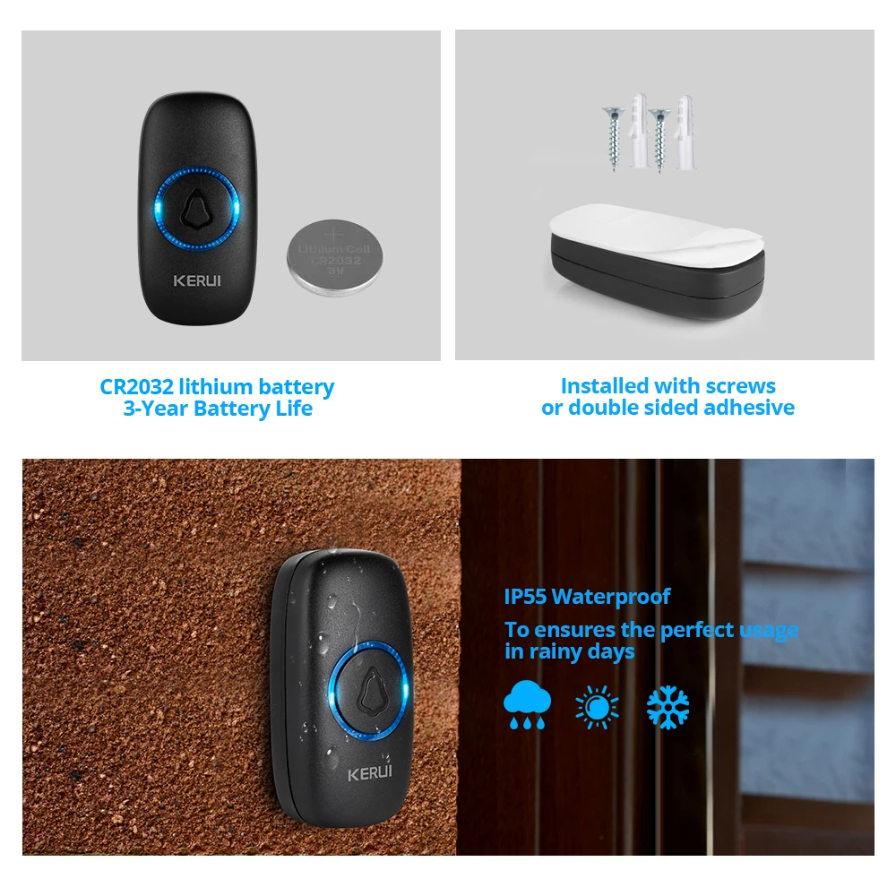 KERUI Home Wireless Doorbell M523 Waterproof Touch Button 32 Songs Colorful LED light Home Security Smart Chimes Doorbell Alarm