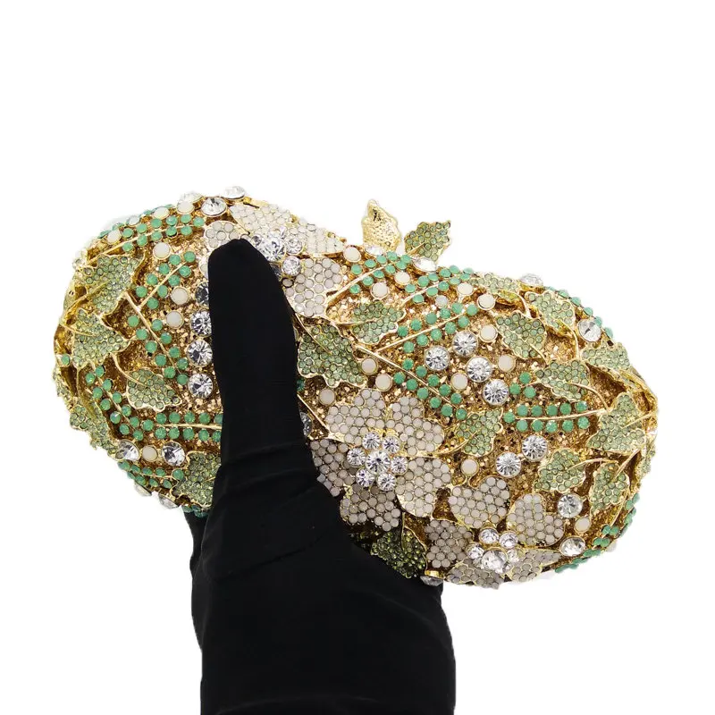 Boutique De FGG Green Flower Women Evening Bags Formal Dinner Crystal Clutch Wedding Purses and Handbags