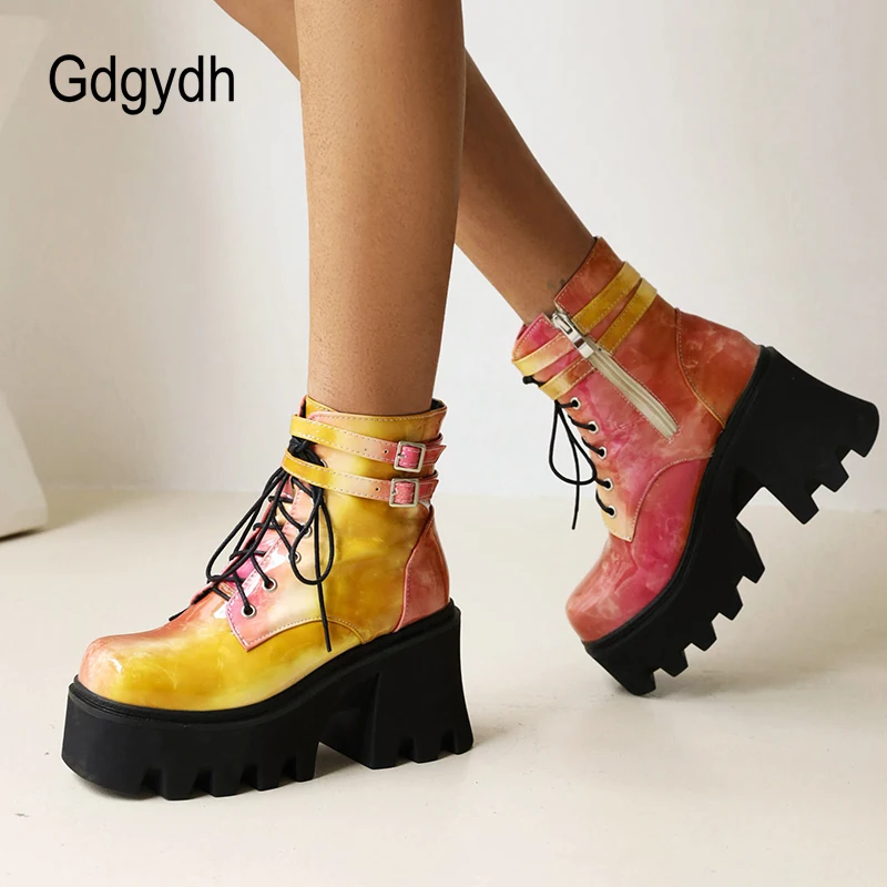 Gdgydh Fashion Colorful Ladies Motorcycle Women Ankle Boots Platform Chunky Heels Cool Street Footwear Gothibabe Halloween 90s