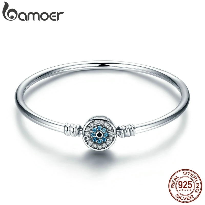 Bamoer Authentic 925 Sterling Silver Blue Evil Eye Bangle Demon Eye Charm Bracelet Clear CZ Luxury Chain Jewelry SCB012