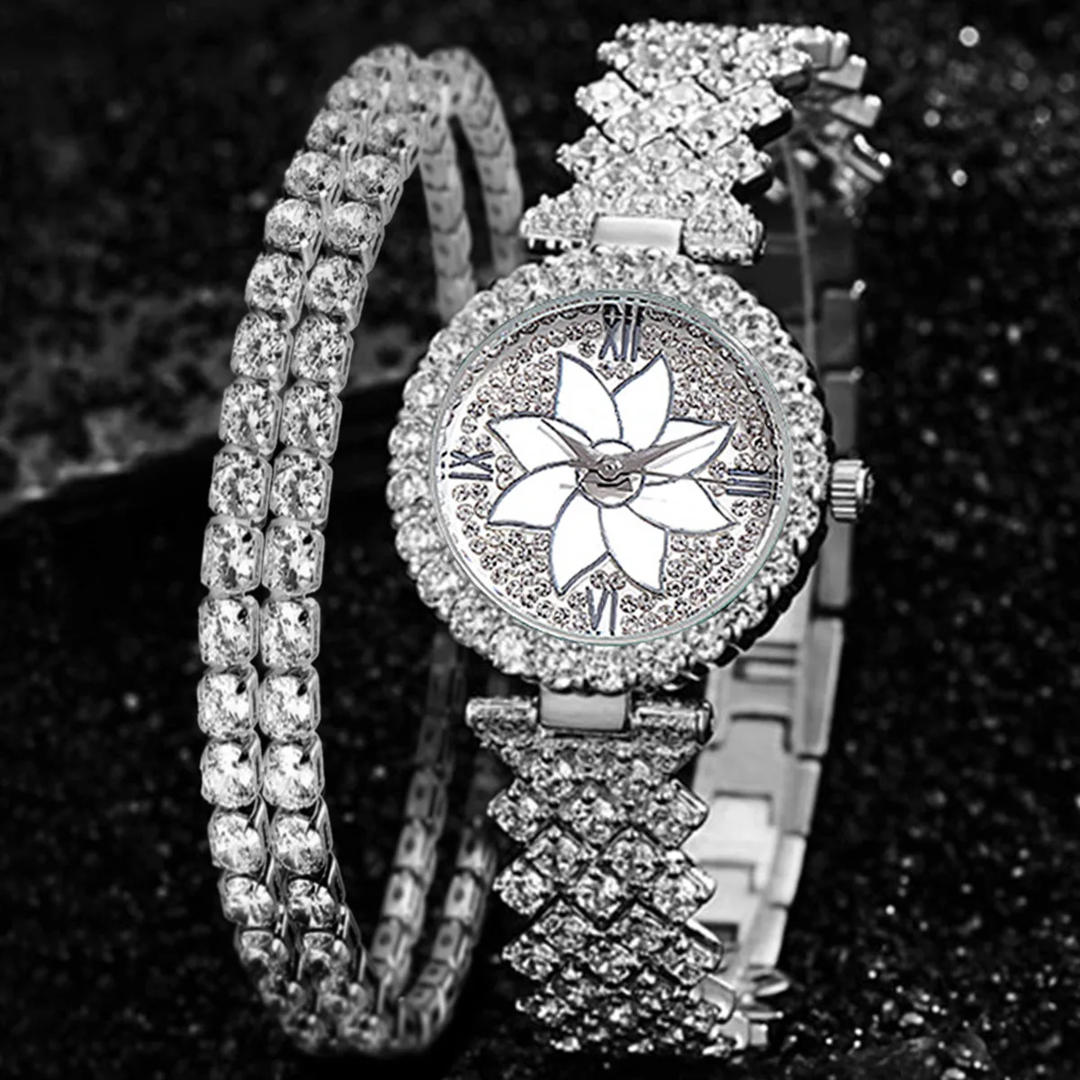 Conjunto de Reloj de lujo para Mujer, pulsera de Gypsophila con diamantes a la moda, de cuarzo, 2 uds.