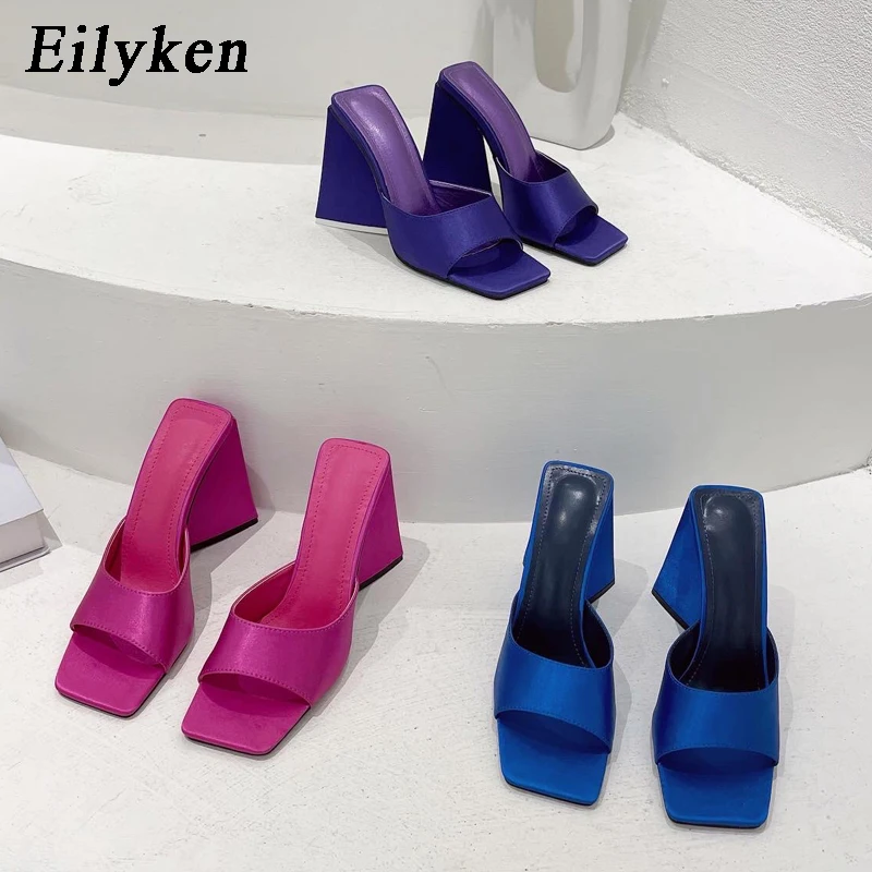 Eilyken 2024 New Arrival Summer Silk Triangle Square Heels Slippers Sexy Street Woman Party Square Toe Dress Slides Shoes