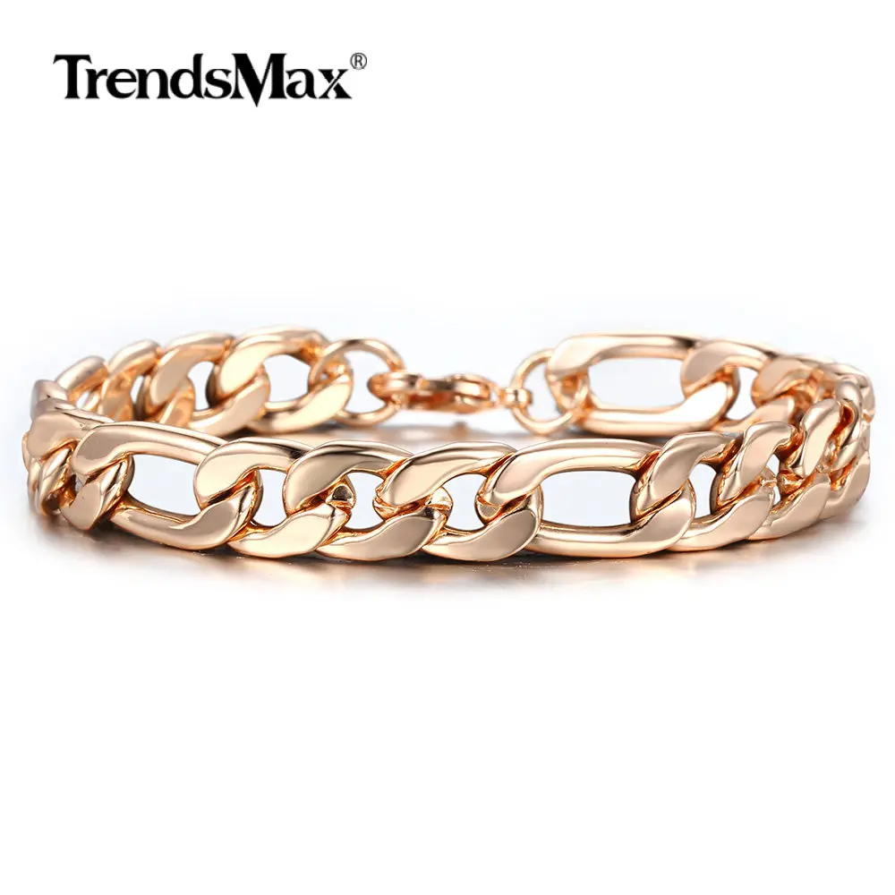 10mm 585 Rose Gold Farbe Figaro Curb Cuban Link Kette Armband für Frauen Männer Glatte Handgelenk Schmuck Geschenke Hummer verschluss 20cm CBM05