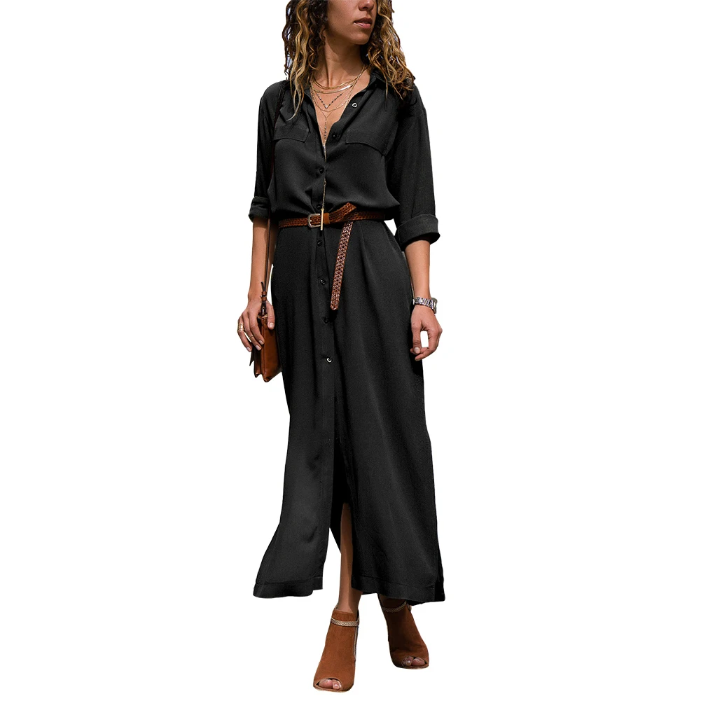 Ladies Solid Color Long Sleeve Single-breasted Split Swing Shirt Loose Casual Dress (S-3XL) [With Belt]