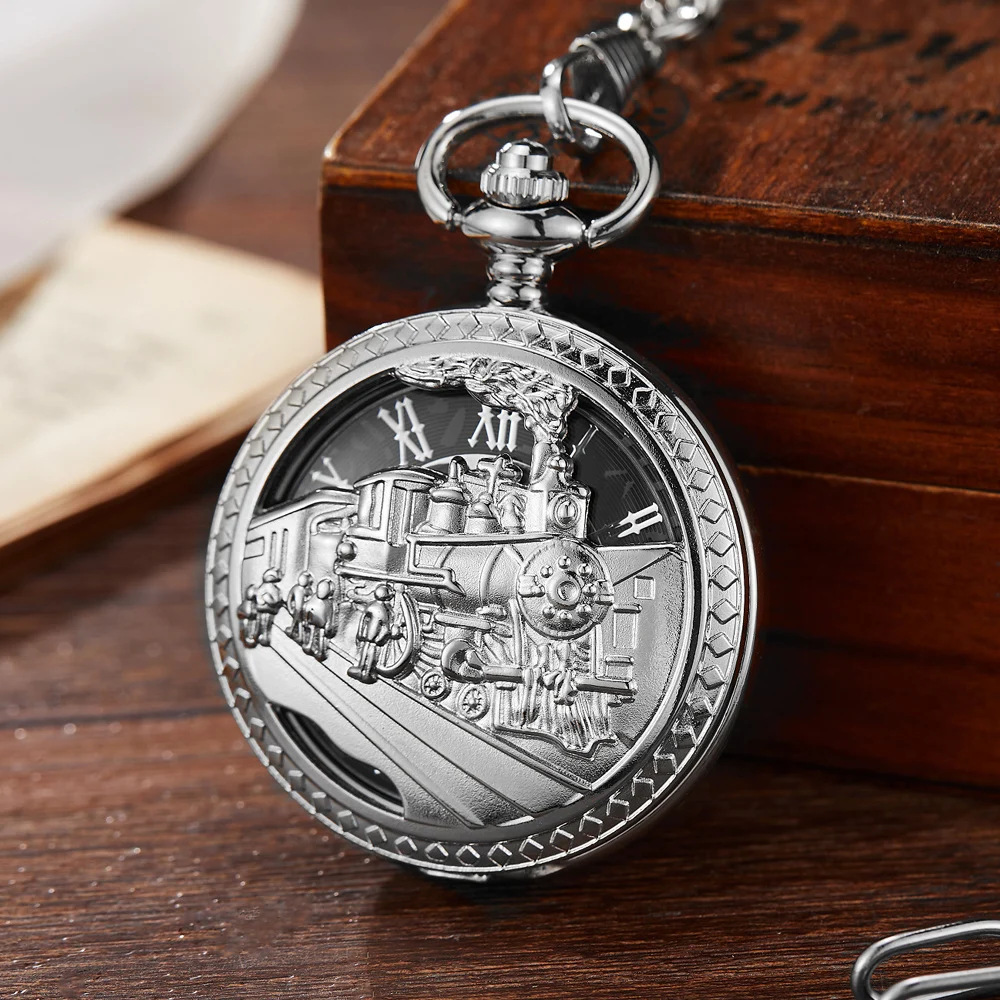 Retro Bronze Train Steampunk Mechanical Pocket Watch Metal Pendent Chain Classic Hand-Wind Vintage Pocket Fob Filp Watches Men