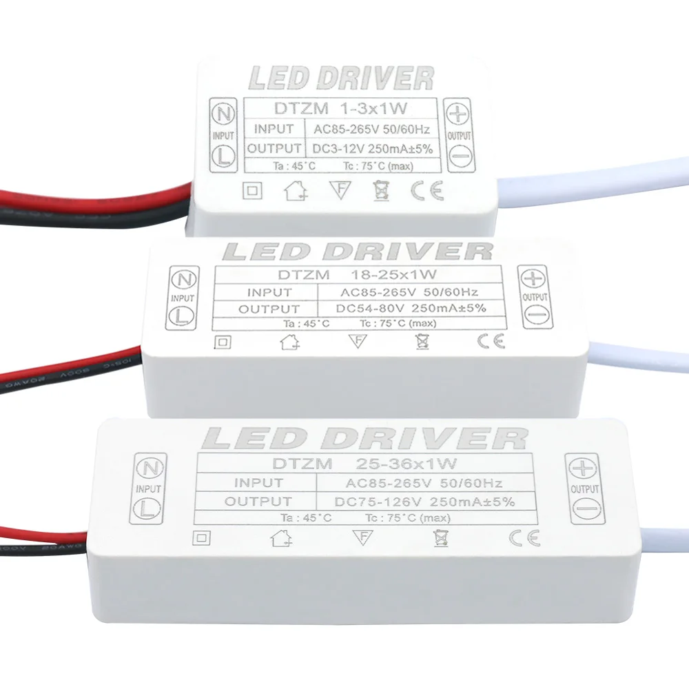 Sterownik LED 250mA 1-3W 3-5W 4-7W 8-12W 12-18W 18-25W 25-36W Zasilacz LED 250mA AC90-265V Transformatory oświetleniowe do diod LED