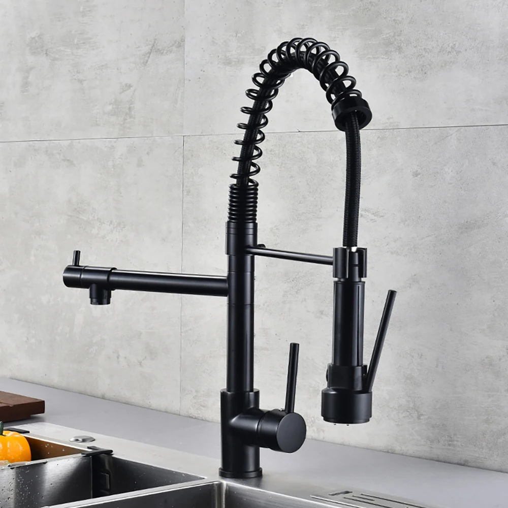 DQOK Black Brushed Spring Pull Down Kitchen Sink Faucet Hot & Cold Water Mixer Crane Tap with Dual Spout Deck Mounted