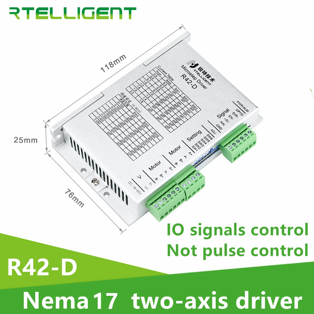 

New Rtelligent Nema 17 Stepper Motor Driver 24-48VDC R42-D IO Signal Contros Two-axis Motor Independent Operation Stepper Driver