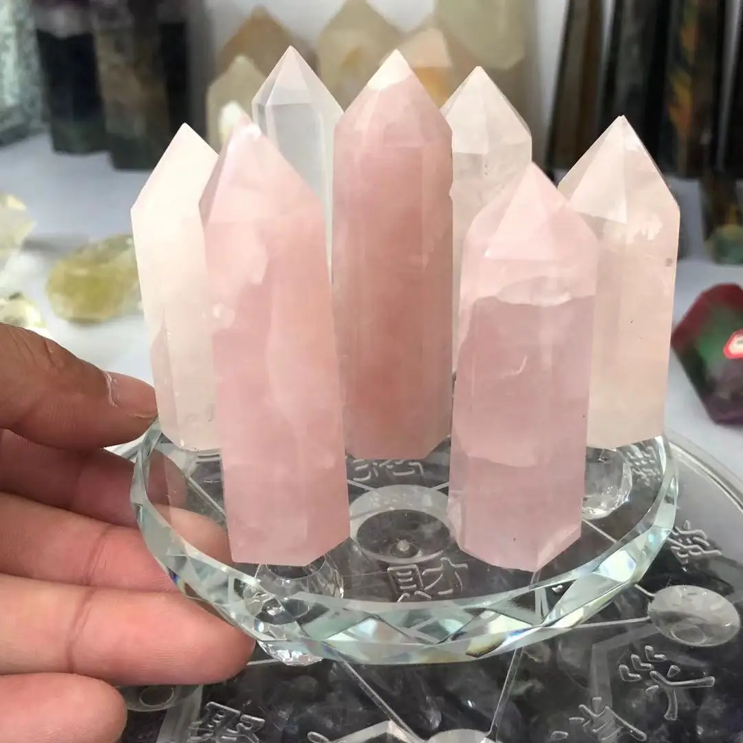 Feng shui seven star array natural pink crystal transparent stone column + plate bottom decoration