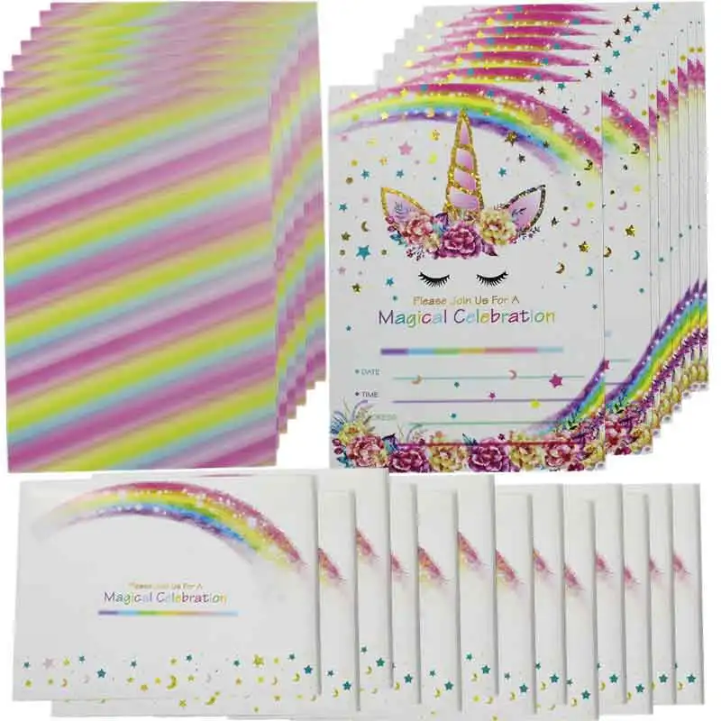 Unicorn Invitations Card Unicornio Party Happy Birthday Party Kids Decorations baby shower Favors Invitation Cards Envelopes