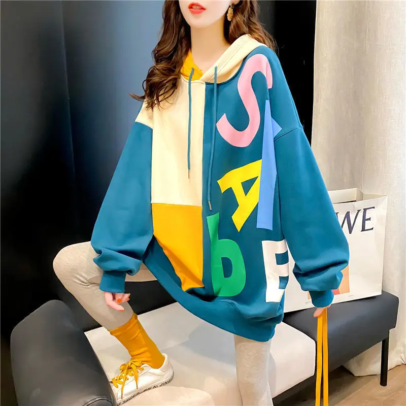 

Hoodies Patchwork Autumn Harajuku Kawaii Sweatshirt Women Hooded Pullover Print Letter Tops Tracksuit Sudadera New