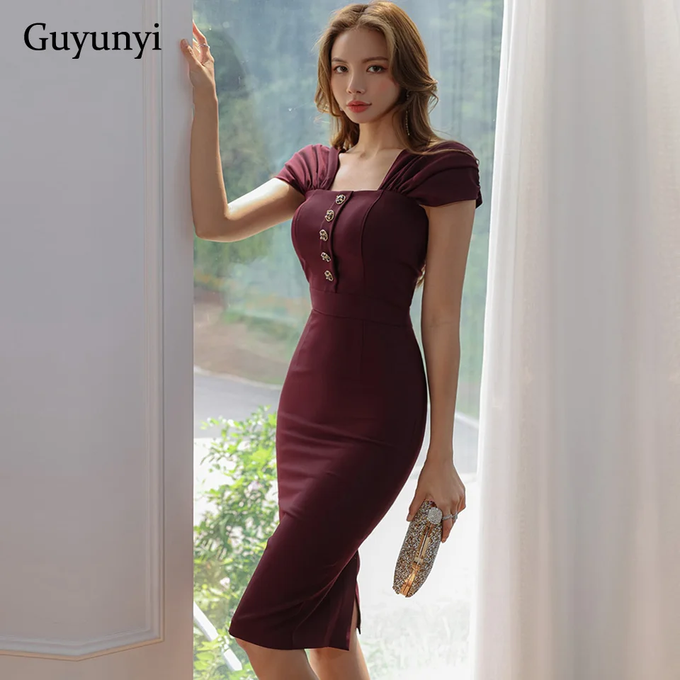 Tight Office Lady Dress Summer Square Collar Sleeveless Decorative Dingle-Breasted High Waist Pencil Elegant Party Dress