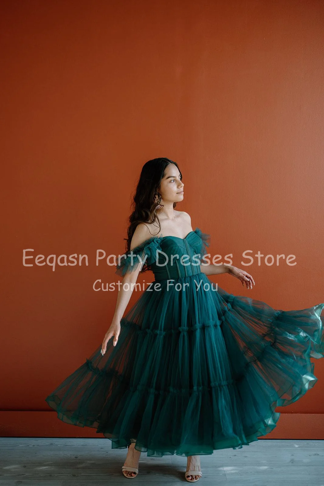 Customized Dark Green Midi Prom Dresses Spaghetti Straps Tiered Tulle Prom Gowns Sweeheart Ankle-Length Wedding Party Dress