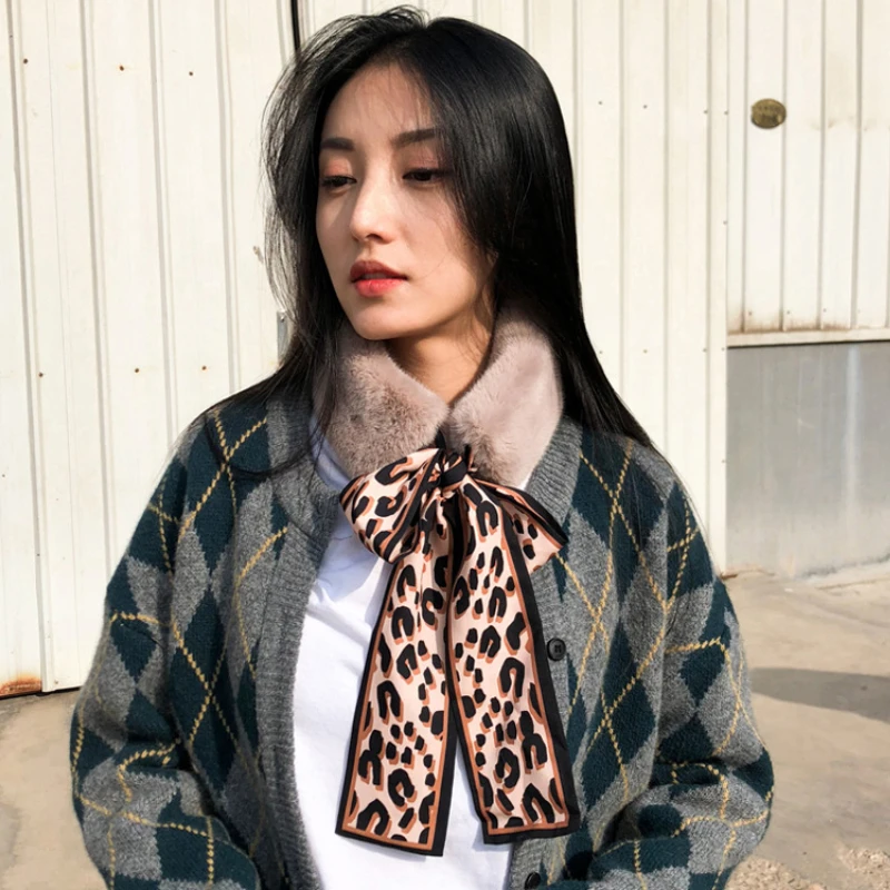 Korean Winter Warm Neckerchief with Leopard Scarf Imitation Rex Rabbit Plush Wild Fur Collar Bow  Hair Band for Women Girls