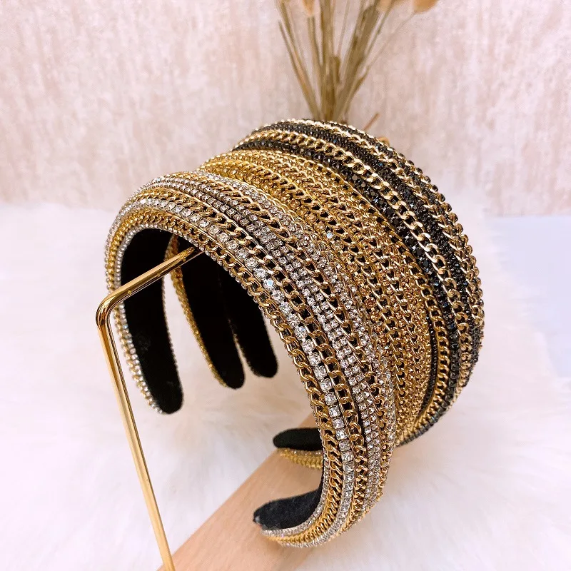 New Baroque Full Diamond Alloy Chain Heavy Industry Flannel Sponge Fashion Female Headband Headwear