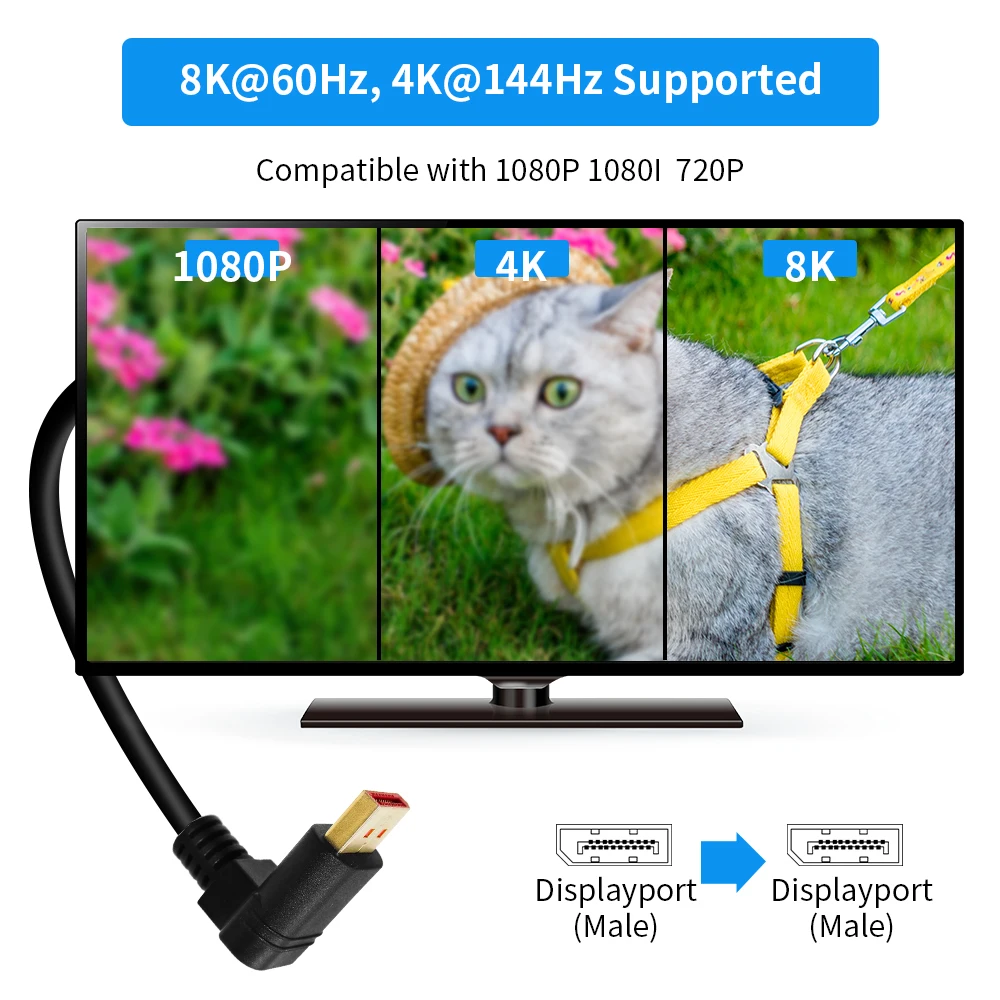 90 Degree Up Down Angled Displayport 1.4 DP 8K 4K 60Hz 144Hz 32.4Gbps HDR Cable 1M 3M For Video PC Laptop TV Projector Computer