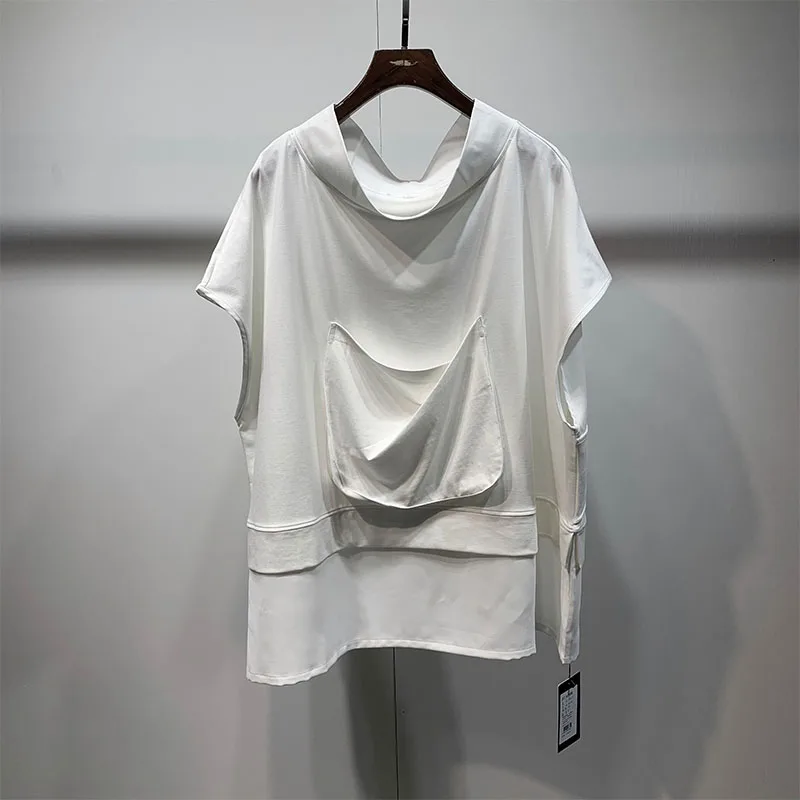 Men's summer traditional style, big pocket design, loose collar, sleeveless T-shirt, dark hipster men's style, stitching T-shirt