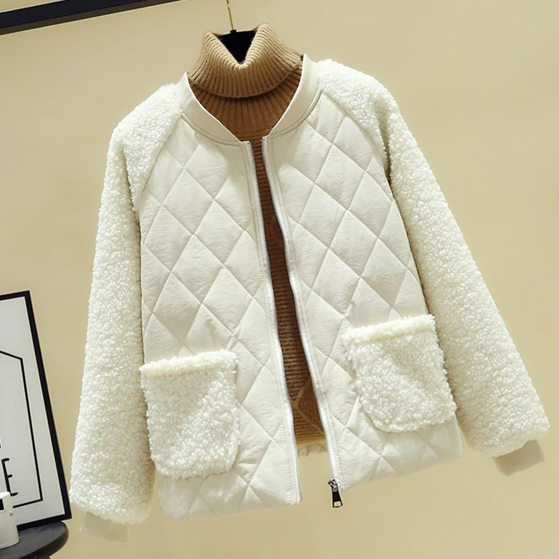 

Nice Pop Arrival Women Autumn Jacket Lambswool Stand Collar Short Outwear Bomber Jacket Students Cotton Padded