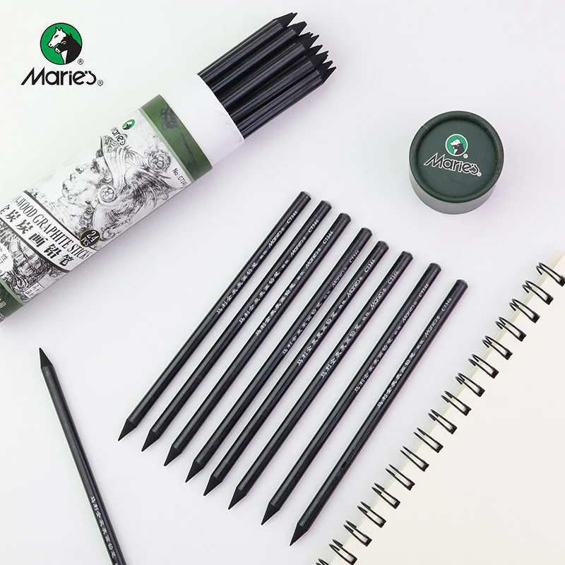 Marie's Full Charcoal/Carbon Pencils Non-wood Graphite Sticks Sketch Charcoal Pencil 24pcs Soft/Medium Charcoal Pens Stationery