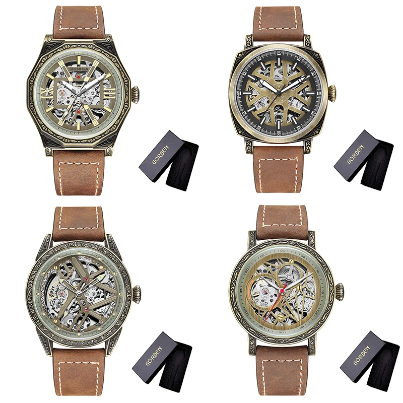 Orologio meccanico da uomo di lusso retrò di marca superiore movimento automatico self-wind cintura in pelle marrone corona a forma di diamante