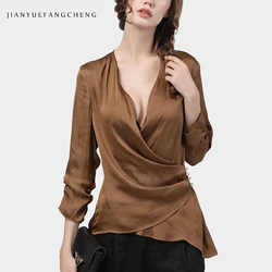 Fashion Brown Satin Blouse Women Tops Deep V-Neck Long Sleeve Crossed Button Up Solid Color Sexy Female Casual Party Blouses