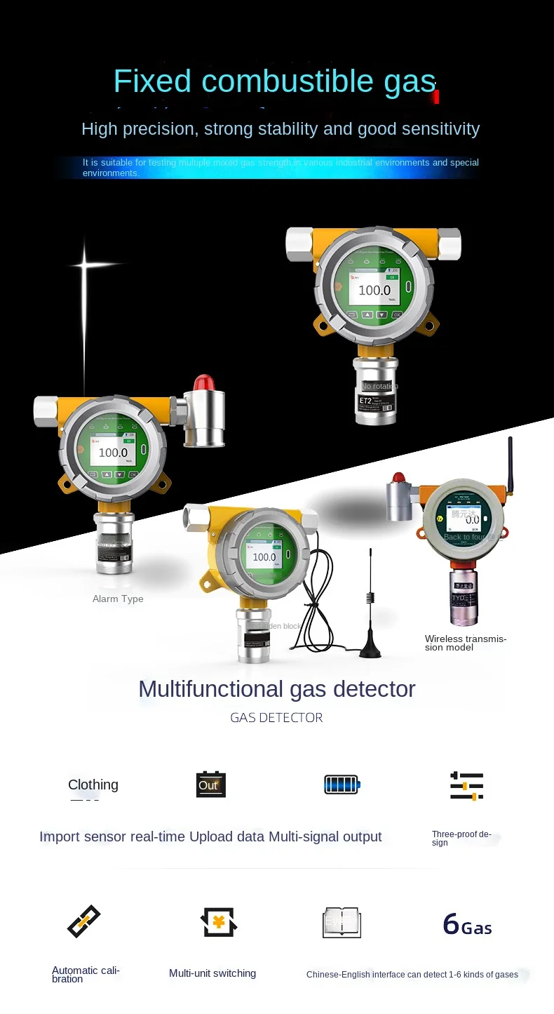 Em linha fixo ex detector de vazamento de gás combustível detector de vazamento de detecção de concentração de gás combustível instrumento de alarme de detecção de gás combustível