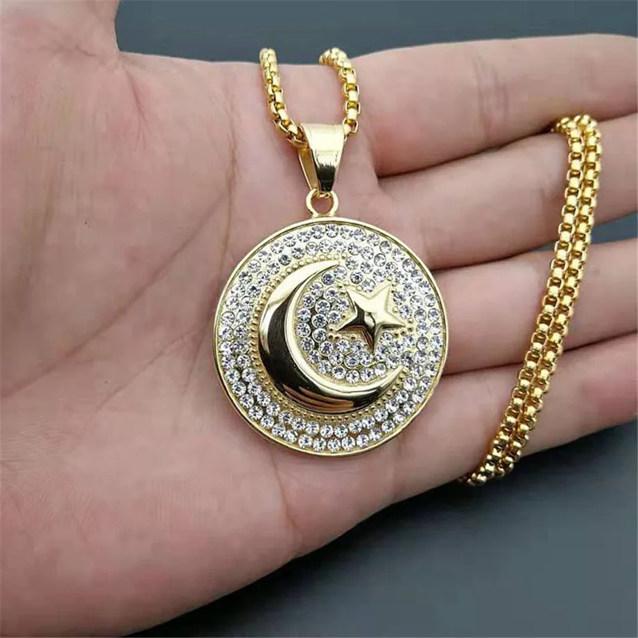 

Hip Hop Iced Out Crescent Moon and Star Pendant Stainless Steel Round Muslim Necklace for Women Men Islam Jewelry Dropshipping