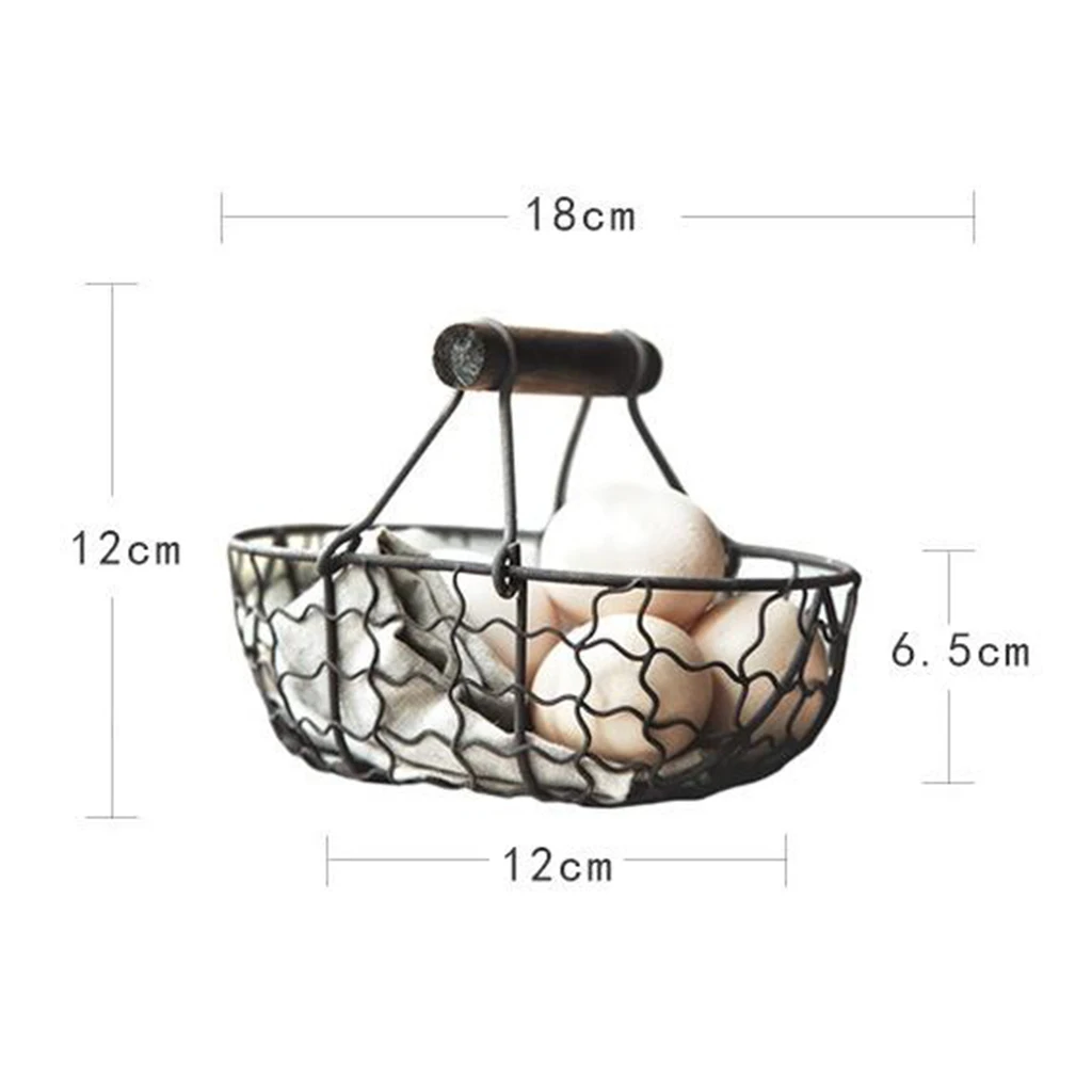 Wooden Handle Metal Retro Basket Portable Bread Vegetable Fruit Egg Serving Storage Basket with Handle Tray for Kitchen