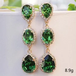 Elegant Long Green Water Drop Crystal Stud Earrings Inlaid White Rhinestone Zircon for Women Party Wedding Jewelry